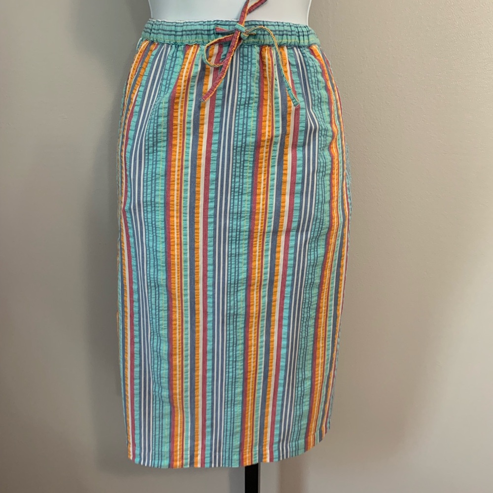 Orvis Blue and Orange Smocked Pencil Skirt